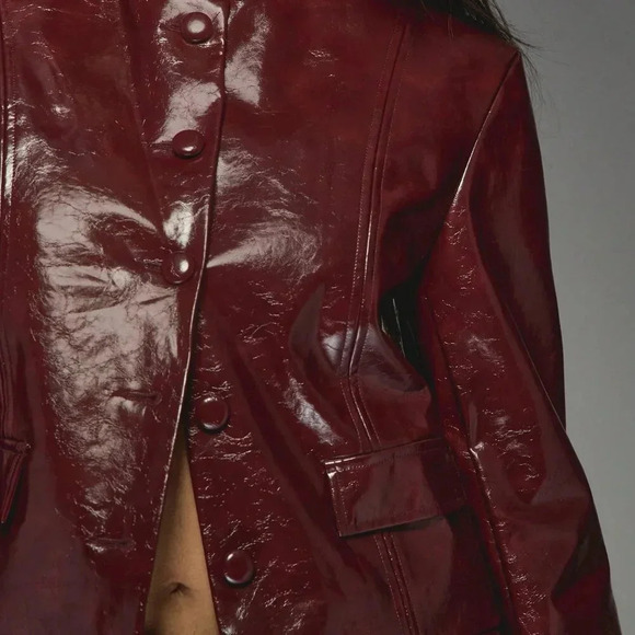 Burgundy Casual Women's Faux Leather Buttoned Round Neck Long Sleeves Jacket - Picture 3 of 6